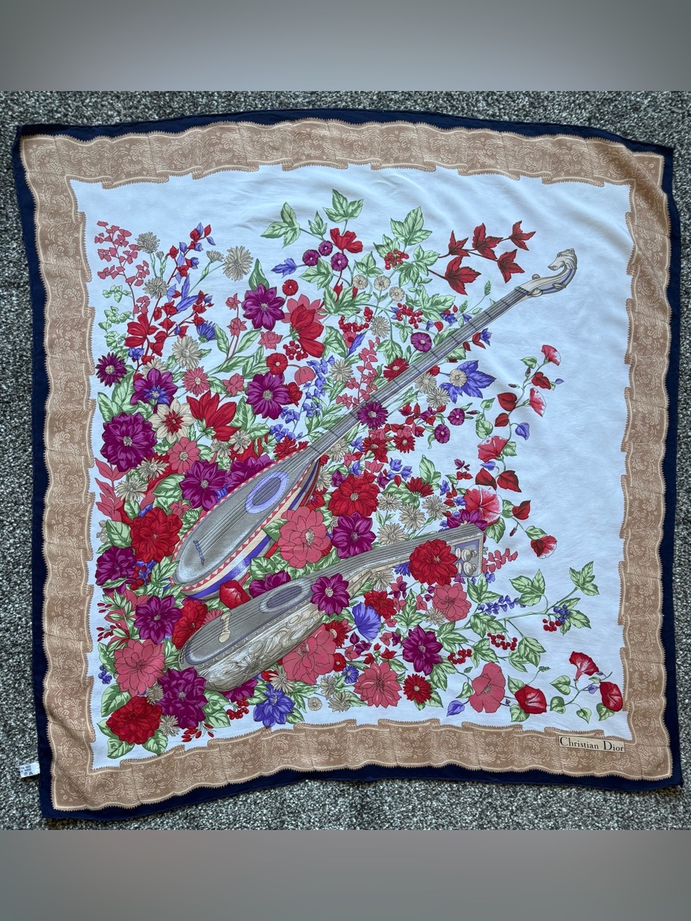 Dior Floral & Lute Silk Scarf in White, Red, Purple, Green